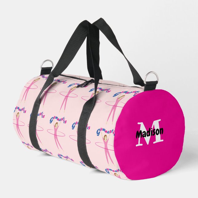 Gymnastics text Pink hula hooping girl Monogram Duffle Bag (Left Corner)