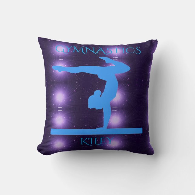 Gymnastics throw pillow in purple & light blue. (Front)