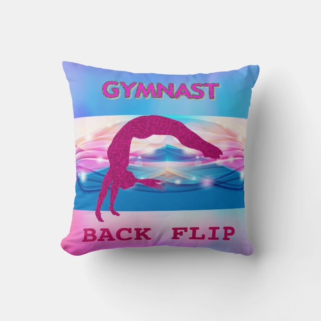 Gymnastics throw pillow with gymnast. (Front)