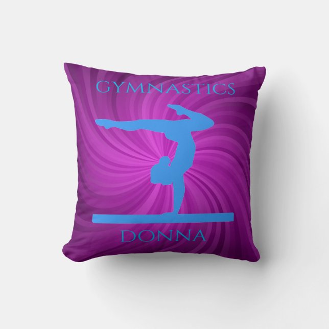 Gymnastics throw pillow with gymnast. (Front)
