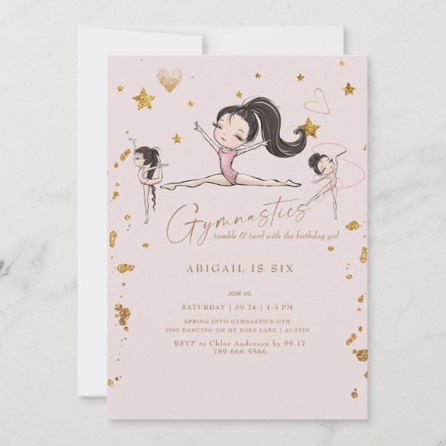 Gymnastics Tumble Twirl Birthday Party Black Hair Invitation (Front)