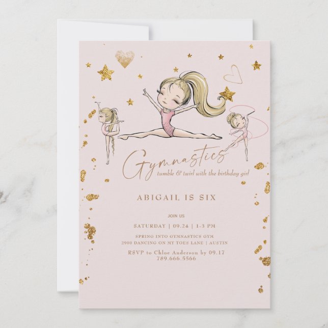 Gymnastics Tumble & Twirl Birthday Party Blonde Invitation (Front)