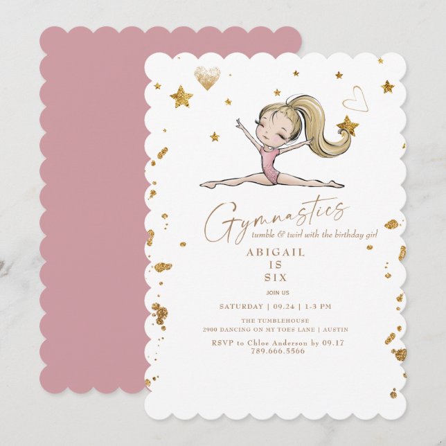  Gymnastics Tumble & Twirl Pink Birthday Party Invitation (Front/Back)