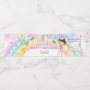 Gymnastics & Unicorn girl birthday bottle label. Water Bottle Label