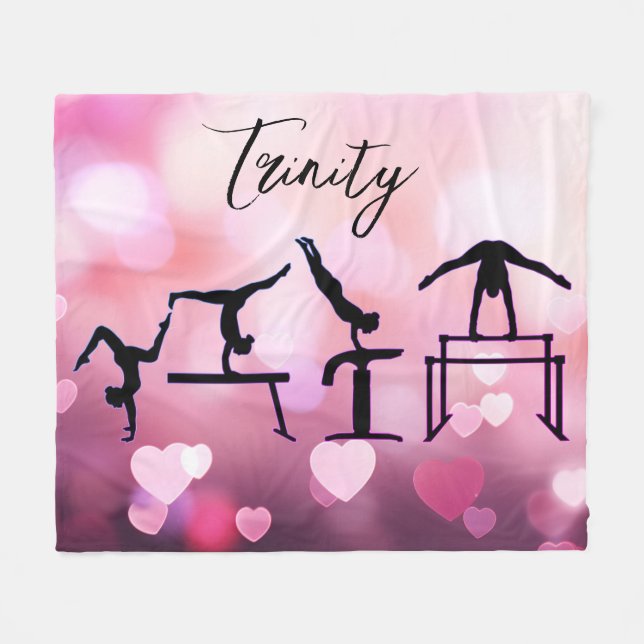 Gymnastics Valentine Pink Hearts Personalised Fleece Blanket (Front (Horizontal))