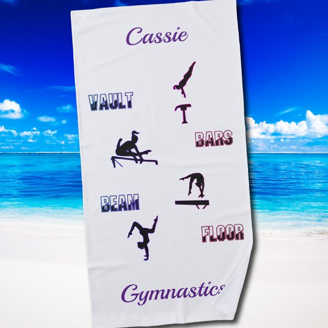 Gymnastics Vault, Bars, Beam, Floor Beach Towel (This all-around gymnastics design is made for girls who do it all — vault, bars, beam, and floor! Fe)