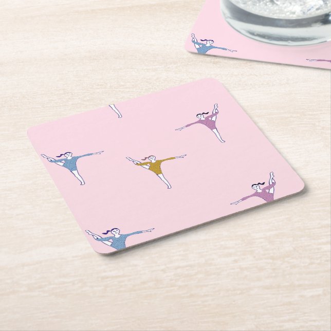 gymnasts on pink square paper coaster (Angled)