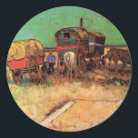 Gypsies with Caravans by Vincent van Gogh Classic Round Sticker<br><div class="desc">Encampment of Gypsies with Caravans by Vincent van Gogh is a vintage fine art post impressionism daily life travel and transportation painting featuring a group of gypsies with their wagons. The horses and oxen are resting and eating underneath the trees in a field or meadow. About the artist: Vincent Willem...</div>