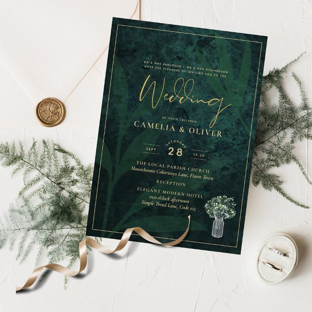 Gypsophila Mason Jar Wedding Emerald Green GOLD Invitation (Creator Uploaded)