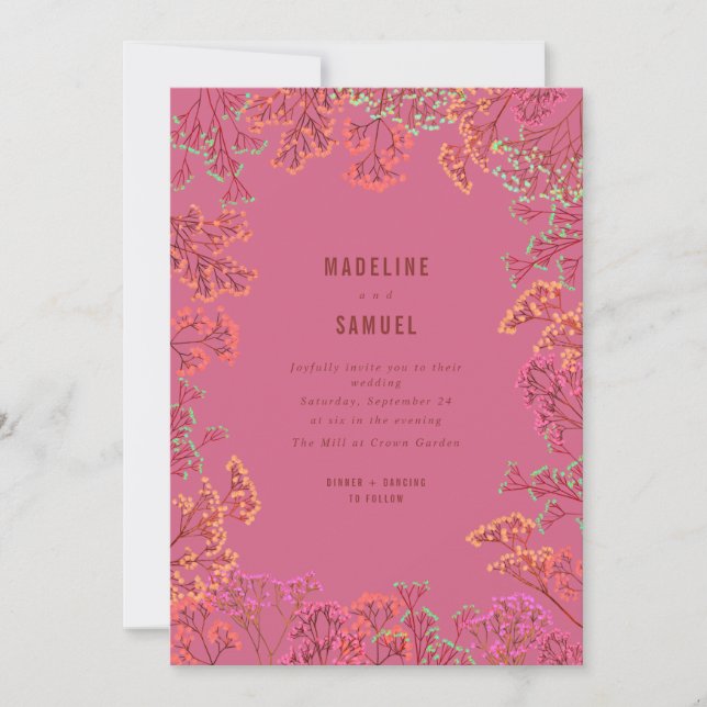 Gypsophila Neon Botanical Hot Pink Wedding  Invitation (Front)