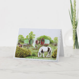 Gypsy camp fire, bowtop wagons and horses card