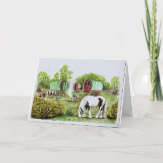 Gypsy camp fire, bowtop wagons and horses card