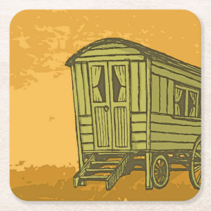 Gypsy caravan wagon square paper coaster
