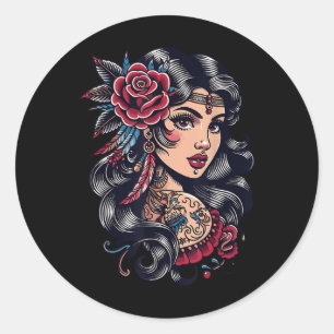 Gypsy Lady _ Boho Style _ Tattoo Art _ Vintage Tee Classic Round Sticker