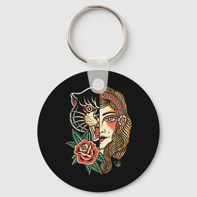 Gypsy Panther American Traditional Tattoo Ink Old  Key Ring (Front)