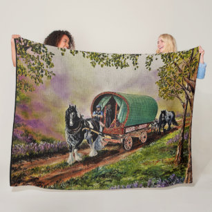 Gypsy Vanner horse/horses, Caravan wagon,cartooned Fleece Blanket