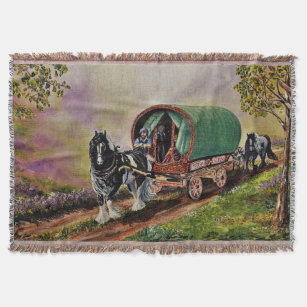 Gypsy Vanner horse/horses, Caravan wagon,cartooned Throw Blanket