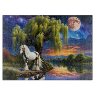 Gypsy Vanner Horse -Willow tree N Full Moon  Cutting Board