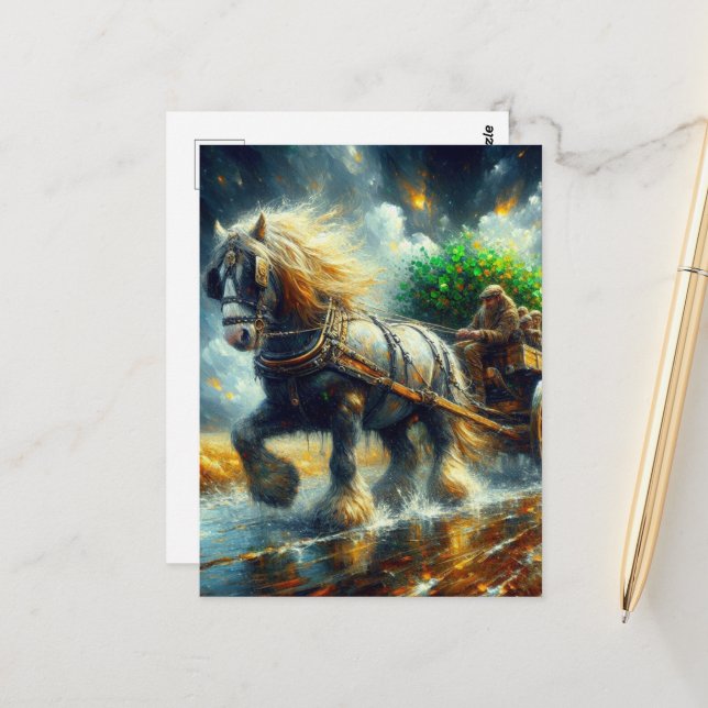 Gypsy Vanner Pulling Shamrocks and People Cartload Postcard (Front/Back In Situ)