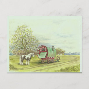 Gypsy wagon and horse spring day postcard