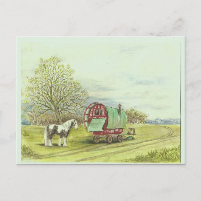 Gypsy wagon and horse spring day postcard (Front)