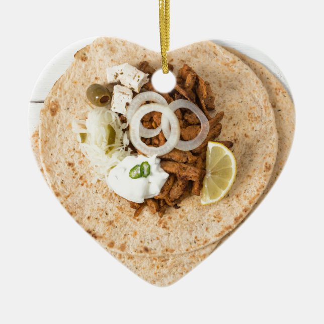 Gyros pita with tzatziki coleslaw olives and feta ceramic tree decoration (Front)