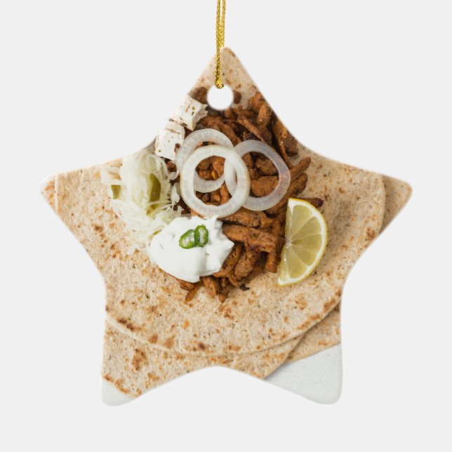Gyros pita with tzatziki coleslaw olives and feta ceramic tree decoration (Front)