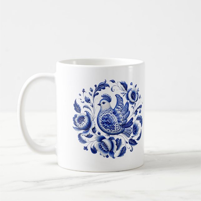 Gzhel Blue Peacock Ceramic Art Mug — Traditional (Left)