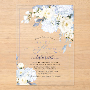 H2 Blue Hydrangea Cream Roses Bridal Shower Acrylic Invitations