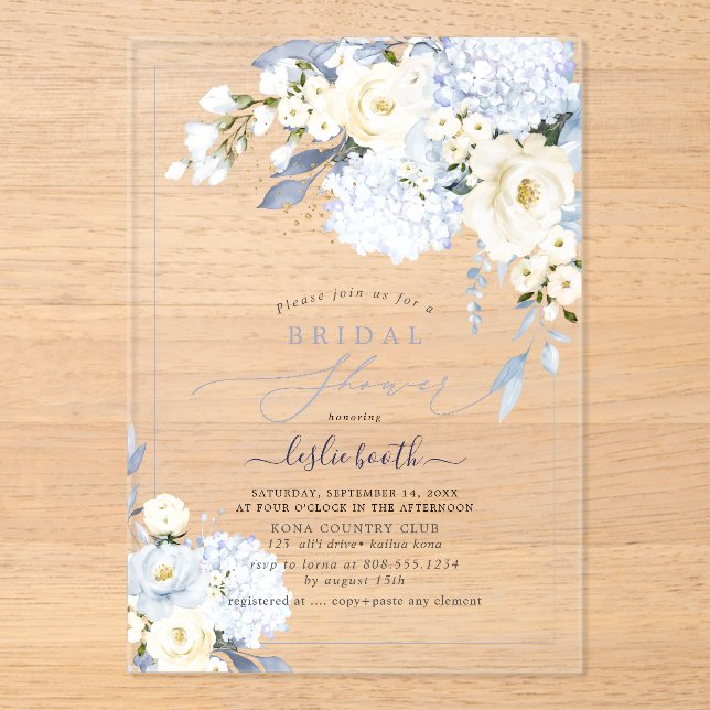 H2 Blue Hydrangea Cream Roses Bridal Shower Acrylic Invitations (Front)