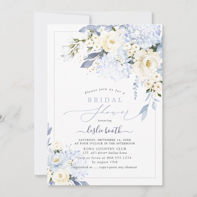 H2 Blue Hydrangea Cream Roses Bridal Shower Invitation (Front)