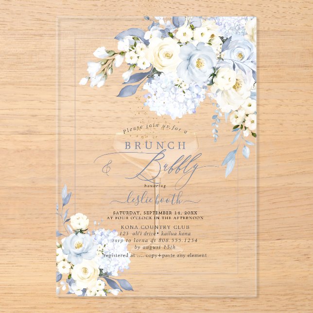 H2 Blue Hydrangea Cream Roses Brunch Bubbly  Acrylic Invitations (Front)