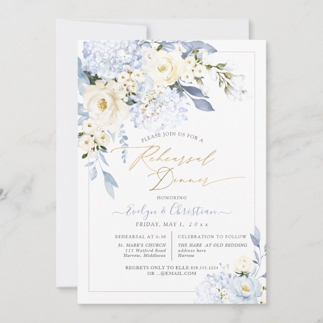 H2 Blue Hydrangea Cream Roses Rehearsal Dinner Invitation (Front)