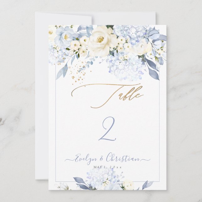 H2 Blue Hydrangea Cream Roses Table No. Invitation (Front)