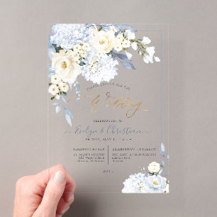 H2 Blue Hydrangea Cream Roses Wedding Acrylic Invitations