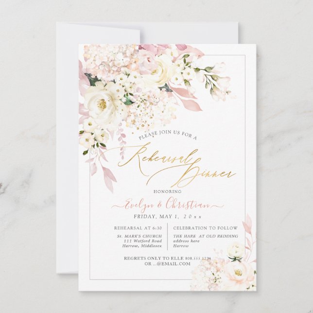 H2 Blush Hydrangea Cream Roses Rehearsal Dinner Invitation (Front)