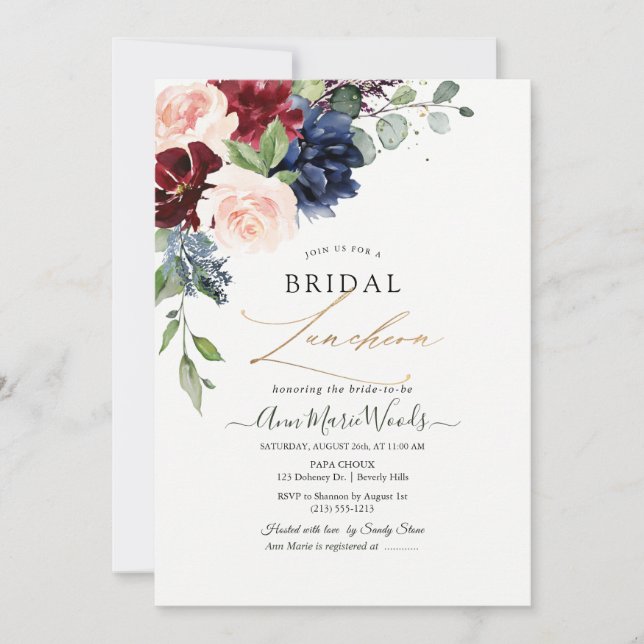 H2 Blush Navy Burgundy Flowers Bridal Lunch Invitation (Front)