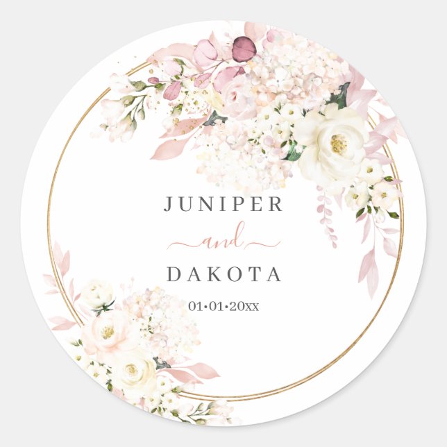 H2 Dusty Rose Hydrangea Cream Roses Wedding Classic Round Sticker (Front)