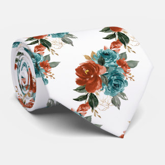 H2 Flowers Teal Green Rust Orange Roses Tie