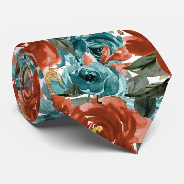 H2 Flowers Teal Green Rust Orange Roses   Tie (Rolled)