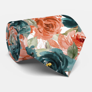 H2 Flowers Teal Green Rust Orange Roses   Tie