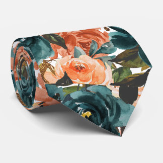 H2 Flowers Teal n Rust Orange Roses Tie