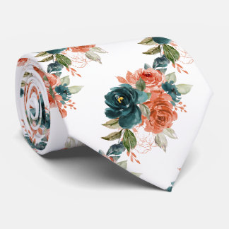 H2 Flowers Teal n Rust Orange Roses Tie