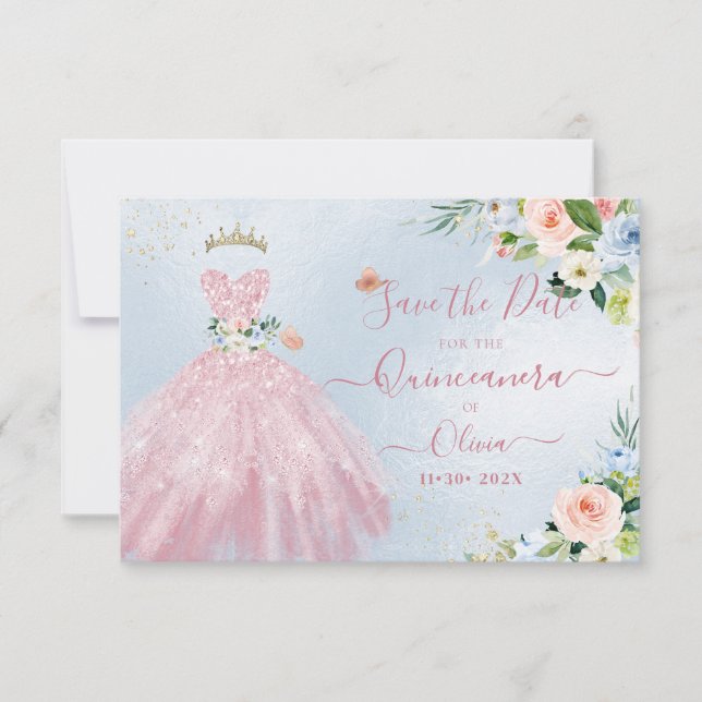 H2 Pink Sparkling Quinceanera Dress Save Date Invitation (Front)