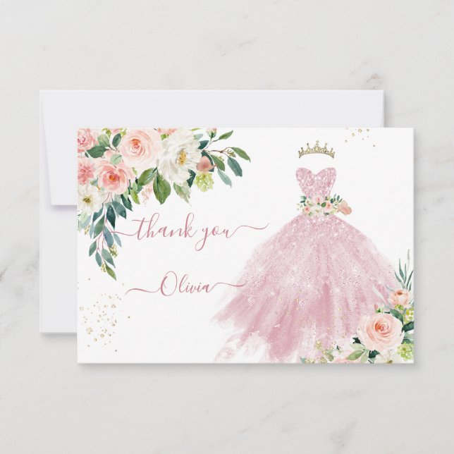 H2 Sparkling Pink Quinceanera Dress Thank You Invitation (Front)