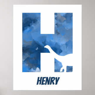 "H" Dinosaur Watercolor Blue Child's Name Poster