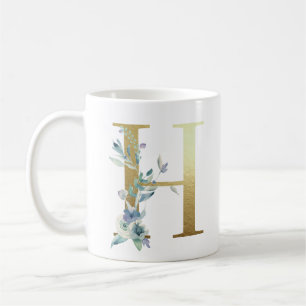 H  golden initial with blue floral foliage coffee mug
