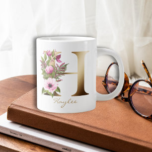 H Letter Gold Monogram   Pink Magenta Floral Large Coffee Mug
