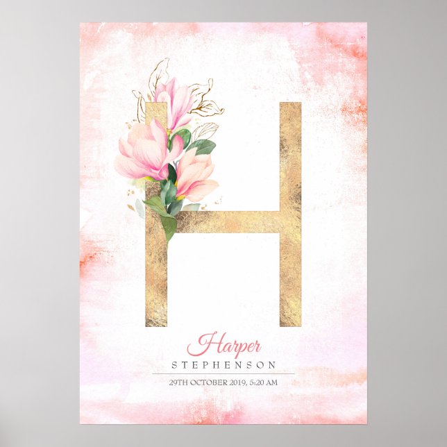 H Letter Monogram Gold Leaves Pink Magnolia Floral Poster (Front)