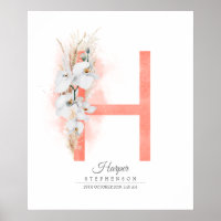 H Letter Monogram White Orchids and Pampas Grass